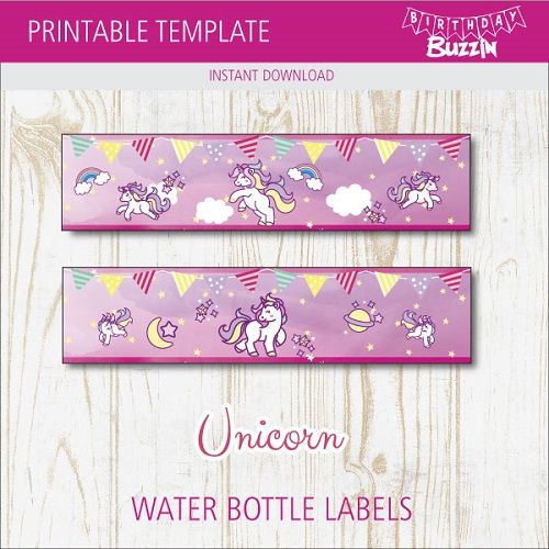 the unicorn water bottle labels are printed on pink paper