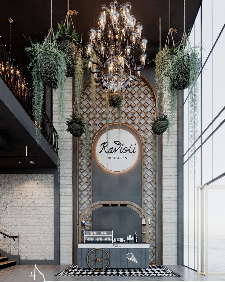 the lobby is decorated with plants and chandeliers