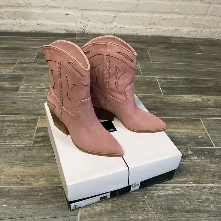 Never Worn. Excellent Condition. Feminine Round Toe Heels For Fall, Western Style Flat Heel Party Boots, Western Style Party Boots With Flat Heel, Pink Low Heel Boots For Spring, Pink Low Heel Boots For Fall, Chic Pink Boots For Spring, Chic Pink Spring Boots, Pink Ankle Boots For Summer, Pink Flat Heel Boots For Party