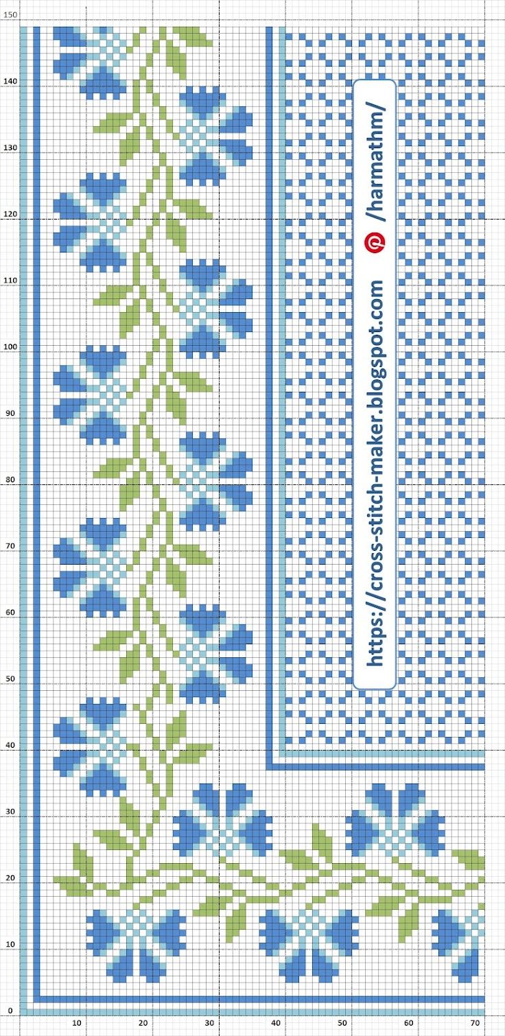 a cross stitch pattern with blue flowers and green leaves on the border, in two rows