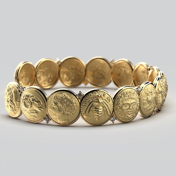 Discover our Italian Gold Cuff Bracelet, a stunning blend of history, elegance, and luxury. Crafted in Italy from 18k/14k genuine gold, it features 15 antique Greek and Roman coin reproductions alongside natural diamonds. This bracelet is a modern masterpiece with a timeless touch, capturing the essence of ancient civilizations and Italian craftsmanship. It's not just jewelry; it's a symbol of heritage and sophistication, making it an exquisite addition to any collection. Wrist measurement: Large 159- 171 mm 6.26-6.75 in. Gemstones : 0,18 Ct total w. 18k or 14k Gold Designed and crafted in Italy Diamond Cuff Bracelet, Gold Cuff Bracelet, 2024 Style, Antique Coins, Gold Armband, Roman Coins, Italian Craftsmanship, Italian Jewelry, Gold Bracelet Cuff