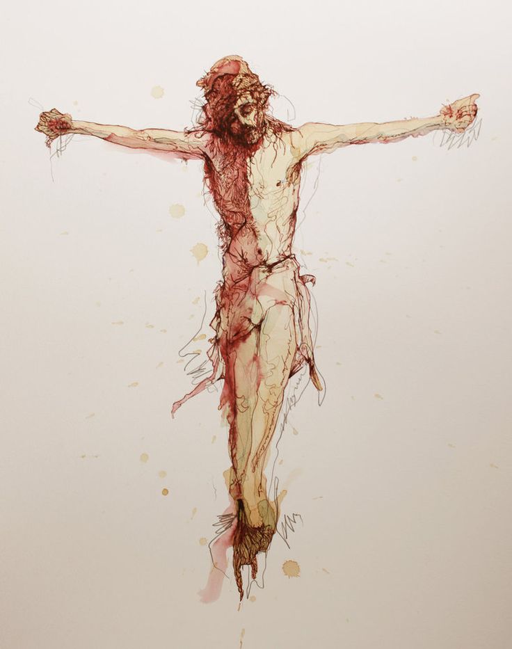 the crucifix is painted in watercolor and ink