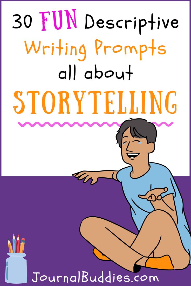 a person sitting on the ground with text overlaying it that reads, 30 fun descriptive writing prompts all about story telling