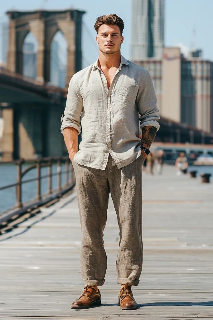 👉 Break Free from the Ordinary: Click the Link to Find Items and Other Outfits that Redefine Cool 👈 /////                    Stylish men's outfit featuring a beige linen button-down shirt and matching casual pants, perfect for a chic, urban summer look. Linen Pants Outfit Men, Linen Shirt And Pants, Linen Pants Outfits, Casual Linen Shirt, Linen Pants Outfit, Casual Linen Pants, Dress Better, Pants Outfit Men, Wedding Outfit Men