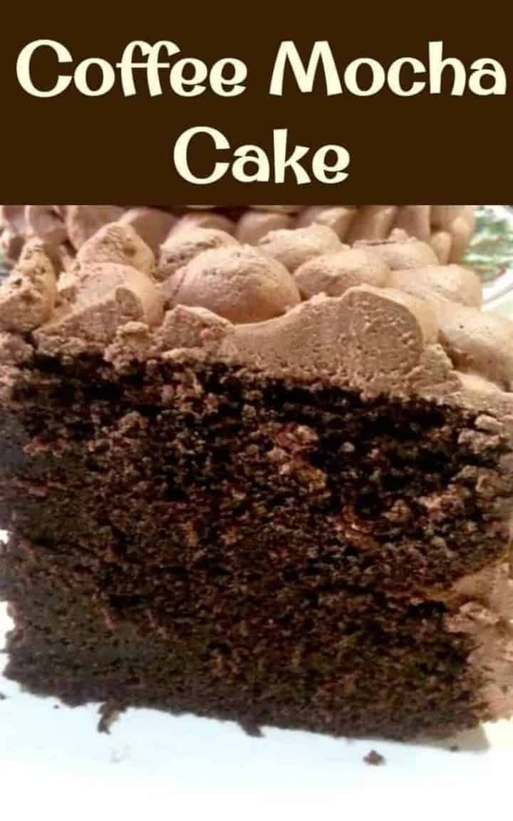 a close up of a piece of cake on a plate with the words coffee mocha cake