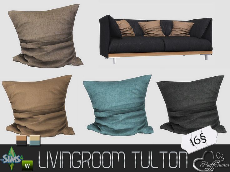 the living room is set up with pillows and sofas in different colors, shapes and sizes