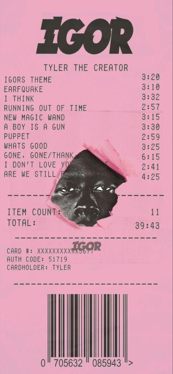 a pink ticket with an image of a person's face in the center and text that reads, igor tyler the creator