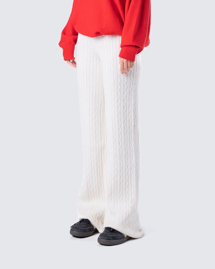 Some wide-leg pants but with a lil twist 😉 Made from sweater knit fabric, complete with a cable knit pattern, mid-rise fit, and elastic waistband - these knit babies will be keeping you warm and cozy on all your chill days ☃️ Winter Full-length Pants With Ribbed Waistband, Casual Wide Leg Full Length Pants For Winter, Casual Wide Leg Pants For Winter, Trendy Ribbed Winter Bottoms, Stretch Knit High-waisted Pants, Winter Wide Leg Stretch Cotton Pants, Winter Stretch Cotton Wide Leg Pants, Trendy Winter Wide Leg Full-length Pants, Trendy Full-length Wide Leg Pants For Winter