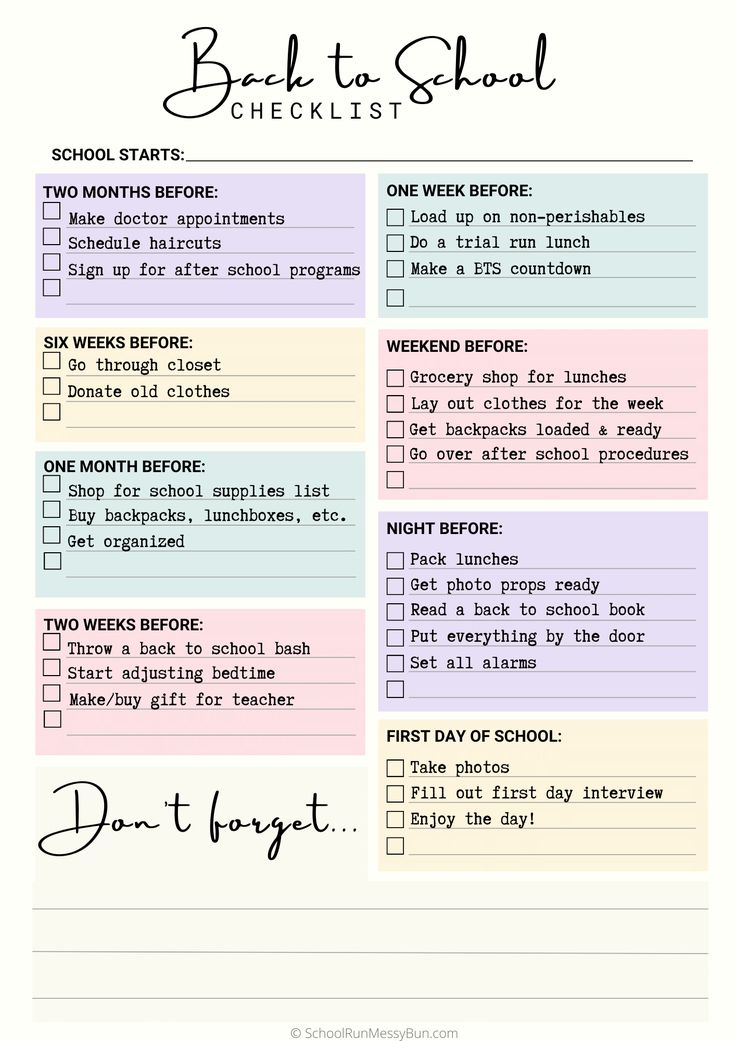 the best to school checklist is shown in pink and blue with black writing on it