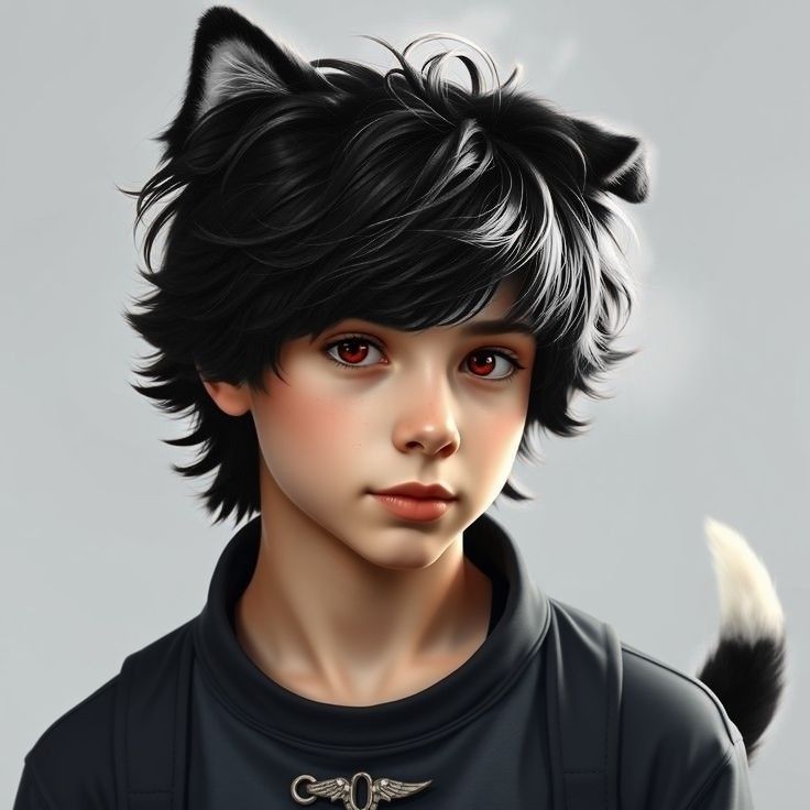 a digital painting of a boy with black hair and a cat's tail on his head