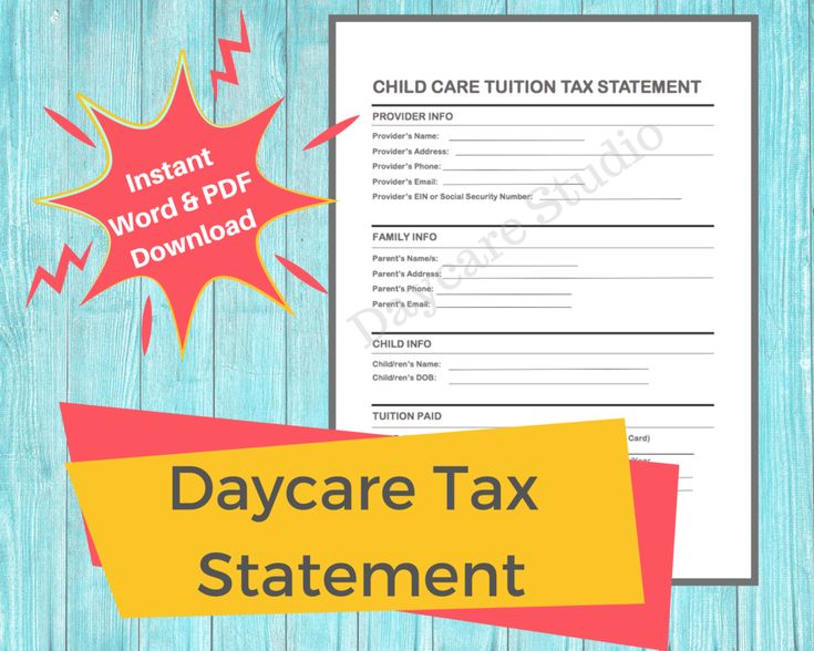 the daycare tax statement is shown on a blue wooden background with red and yellow stickers