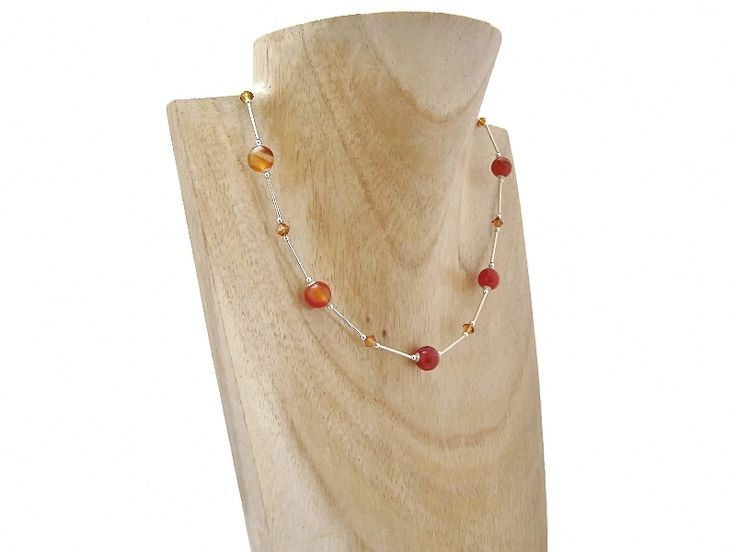 uniquely designed handmade necklace with sterling silver, orange red agate beads & swarovski crystals Peach Necklace, Tube Necklace, Orange Agate, Red Agate, Swarovski Pearls, Bead Caps, Agate Beads, Handmade Necklace, Sterling Silver Necklace