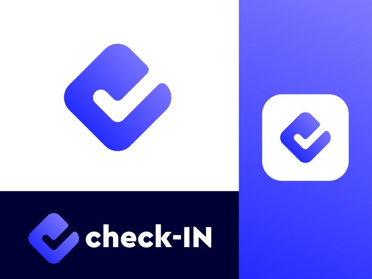 the logo for check - in is displayed on two different colored backgroundes, one blue and white