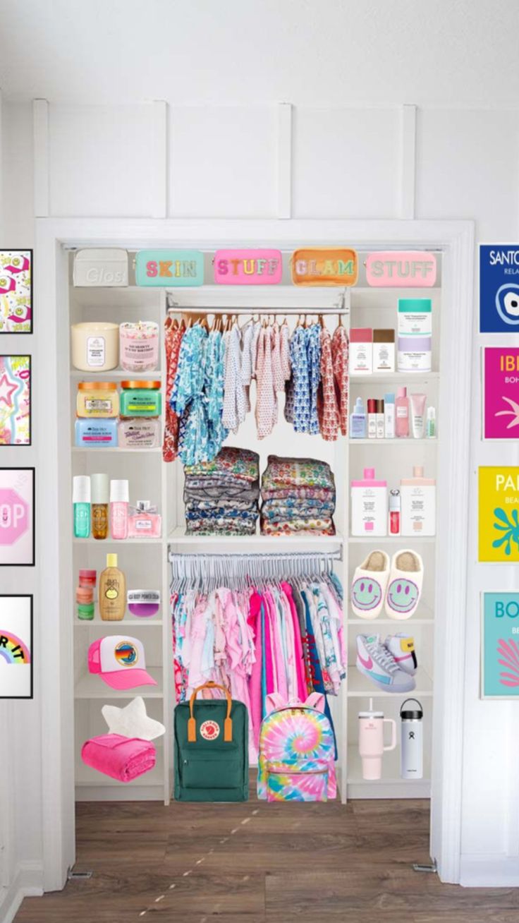 the closet is full of clothes and other items for girls to use in their home