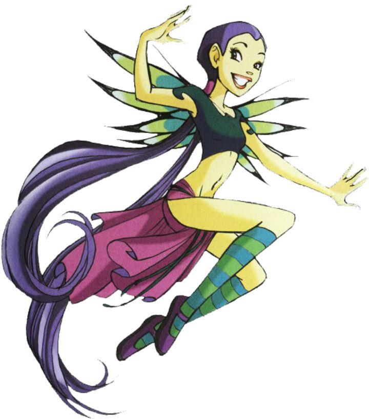 a drawing of a woman with long hair and purple hair, flying through the air