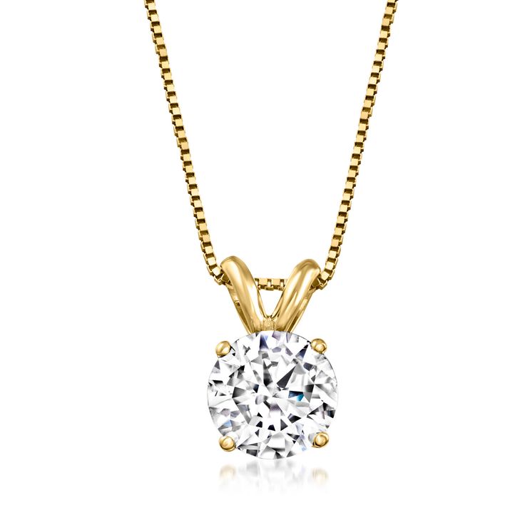 Ross-Simons - 1.00 Carat Diamond Solitaire Necklace in 14kt Yellow Gold. 20". A quintessential statement for a true diamond lover! Our 1.00 ct. t. w. round brilliant-cut diamond solitaire necklace exudes a stunning display of classic beauty and resplendence. Finely crafted in polished 14kt yellow gold and suspended from a box chain with a lobster clasp. Diamond solitaire necklace. Diamond birthstones are the perfect gift for April birthdays. Timeless Yellow Gold Diamond Necklace With Brilliant Cut, Classic Diamond Necklace With Round Cut, Classic Brilliant Cut Diamond Necklace For Formal Occasions, Classic Brilliant Cut Diamond Necklace For Formal Events, Classic Round Cut Diamond Necklace For Formal Occasions, Classic Formal Diamond Necklace With Brilliant Cut, Classic Necklace With Round Cut Diamond Accents, Classic Round Cut Diamond Necklace, Classic Diamond White Diamond Necklace With Vvs Clarity