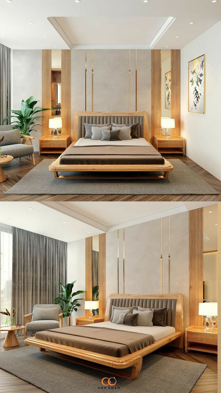 two pictures of a modern bedroom with wood furniture and carpeted flooring, including a bed