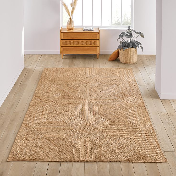 an area rug in the corner of a room with a wooden dresser and potted plant