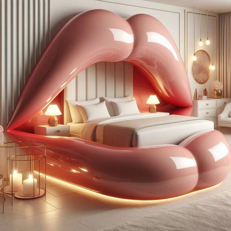 a bedroom with an unusual bed in the shape of a lips