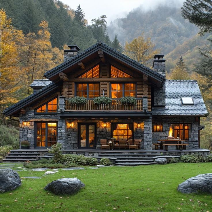 a log cabin with stone steps and windows on the front porch is lit up at night