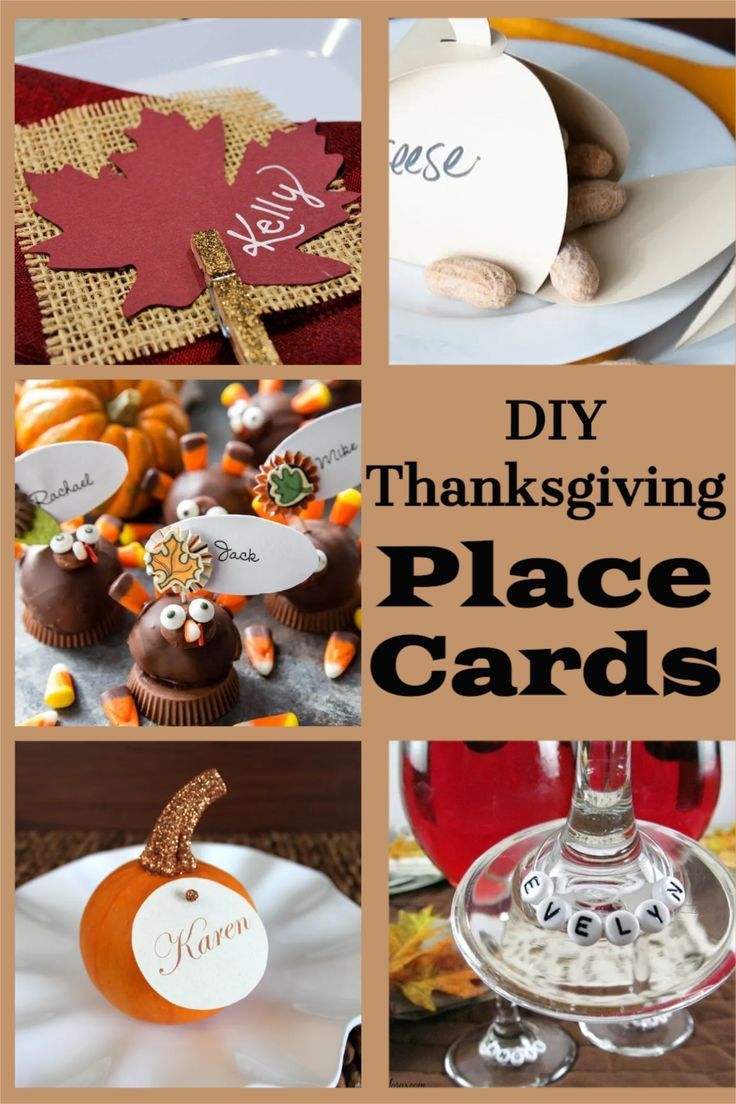 diy thanksgiving place cards with pumpkins, candy and other items on them for the table