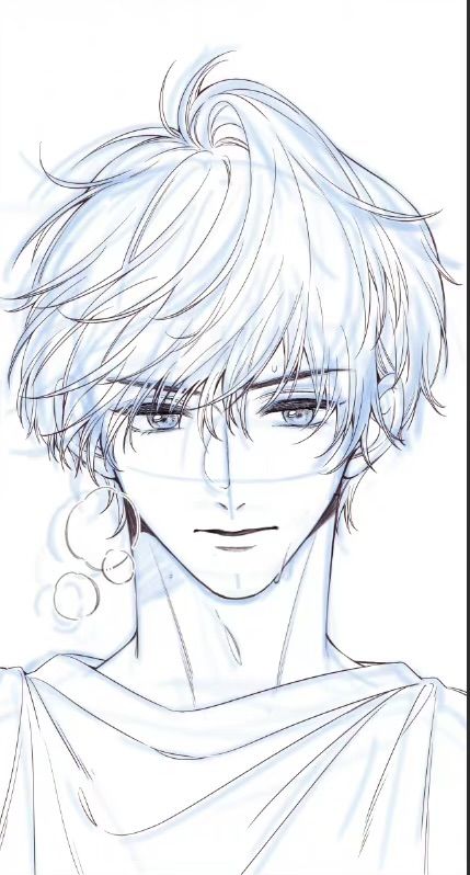 an anime drawing of a man with short hair and piercings on his ears, looking at the camera