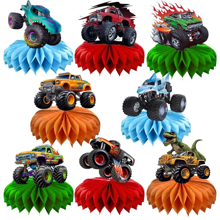 the monster trucks are on top of each other in different colors and sizes, with flames coming out of their tires