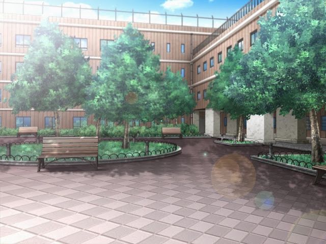 an artist's rendering of a courtyard with benches and trees