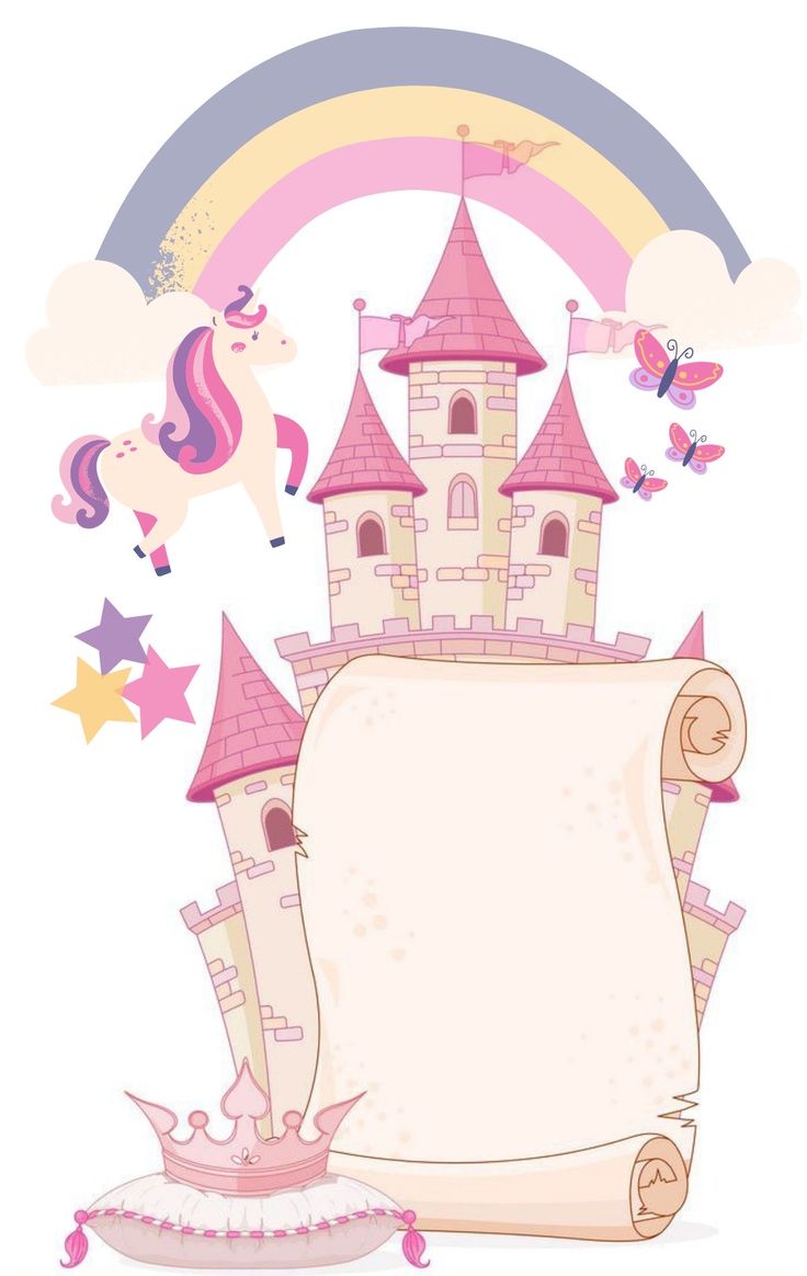 an image of a princess castle with unicorns and stars in the sky above it