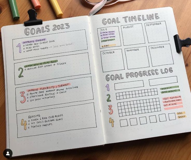 an open planner book sitting on top of a wooden table next to markers and pens