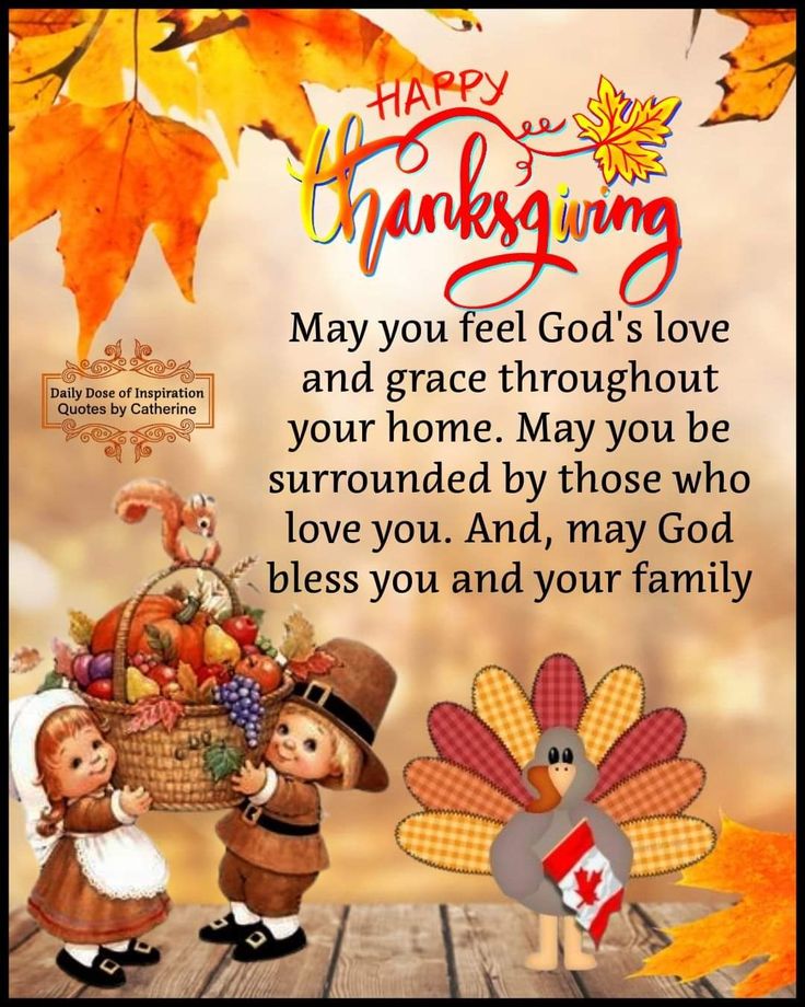 happy thanksgiving greeting card with two children and a turkey in the fall leaves, holding a basket