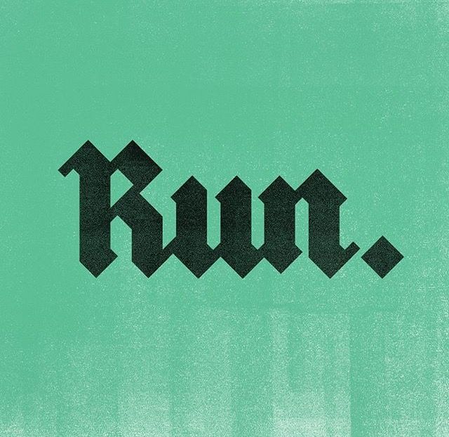 the word run written in black on a green background