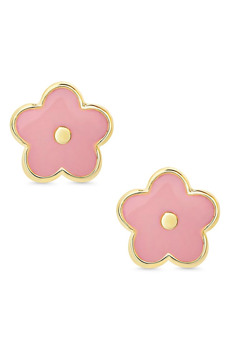 Add an extra touch of charm to your little one's look with this pair of flower earrings plated in 18-karat gold. 3/8" diameter Post back 18k-gold plate/enamel Imported Kids' Wear Item ships in a gift box Preppy Flower Earrings, Cheap Cute Gold Flower Earrings, Cheap Cute Flower Shaped Earrings, Earrings Kids, Earring Kids, Indian Kids Earrings, Playful Gold Hypoallergenic Earrings, Playful Hypoallergenic Gold Earrings, Cute Gold Flower Earrings For Gift