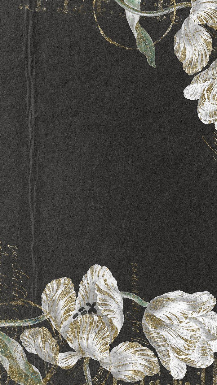 a black background with white flowers and green leaves on the bottom right corner, in gold foil