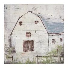 an old white barn painted on wood