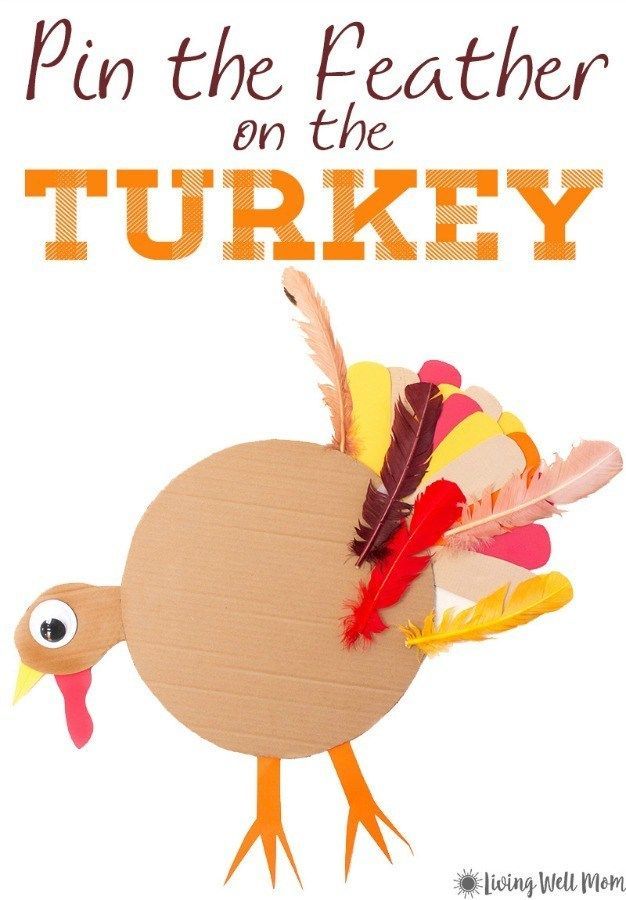 a turkey made out of paper with the words pin the feathers on the turkey