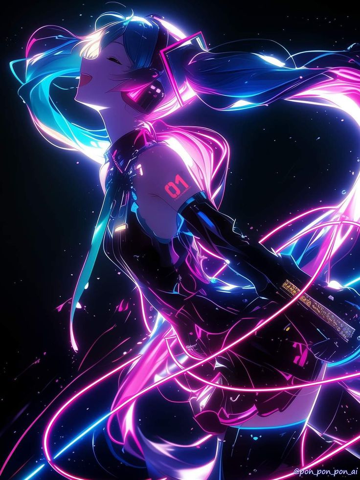 an anime character with blue hair and neon lights on her body, holding a handbag