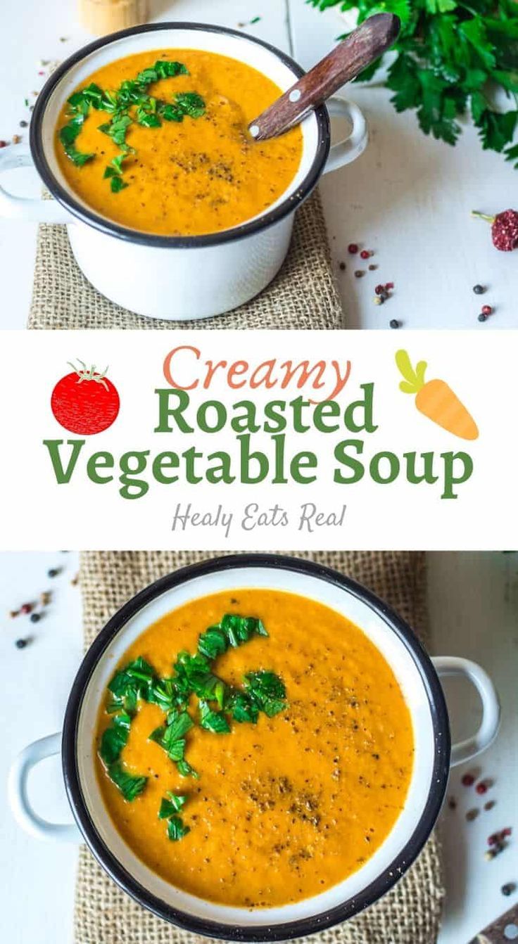 two white bowls filled with creamy roasted vegetable soup and topped with parsley on the side