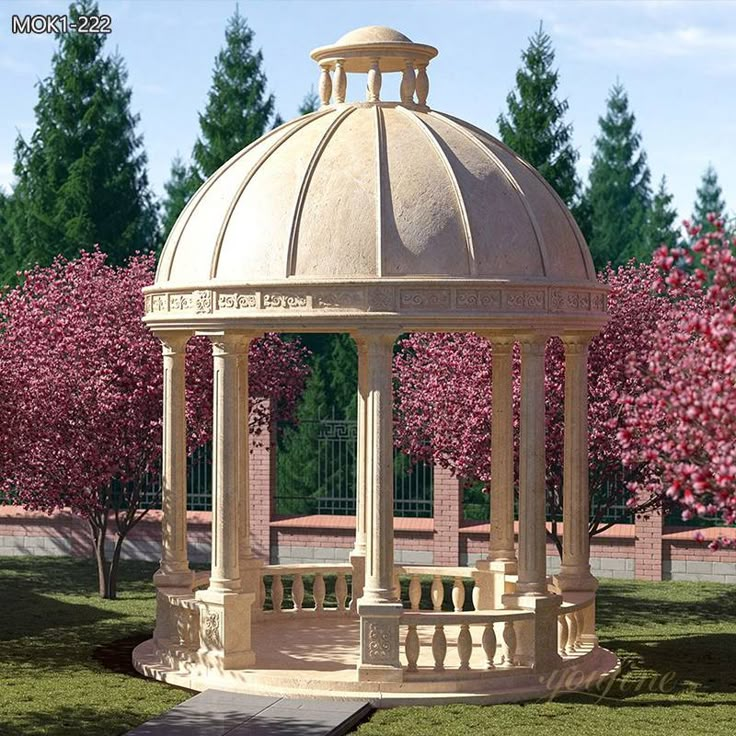 a white gazebo sitting on top of a lush green field next to pink trees