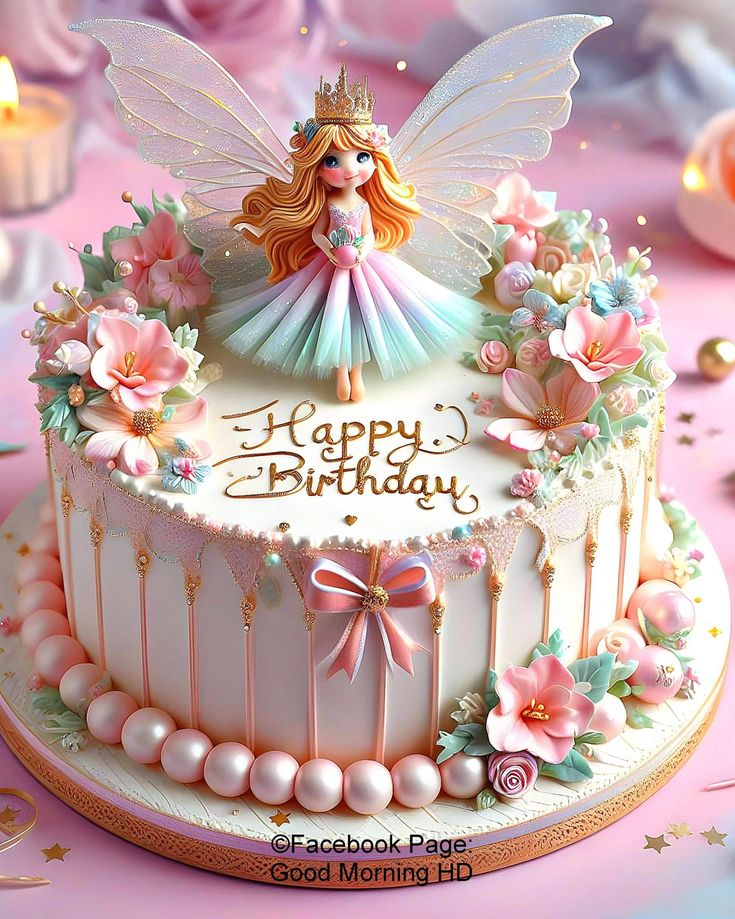 there is a birthday cake with a fairy on top and flowers around the edges,