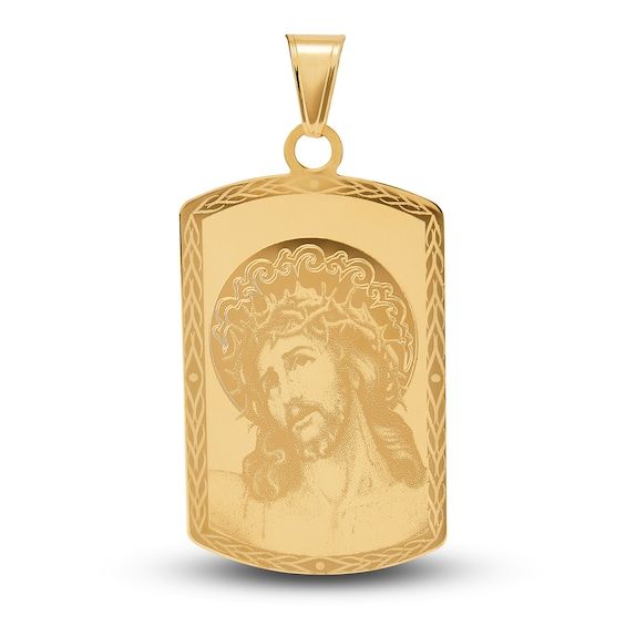 A bold statement of faith, a powerful laser-etched depiction of Jesus is framed by decorative etched trim in this meaningful men's dog tag necklace charm. 14K Yellow Gold From the Lusso by Italia D'Oro Collection. Exclusively available from Jared® the Galleria of Jewelry. Mens Dog Tag Necklace, Statement Of Faith, Jared The Galleria Of Jewelry, Womens Earrings Studs, Man And Dog, Necklace Charm, Jesus Is, Dog Tag, Tag Necklace