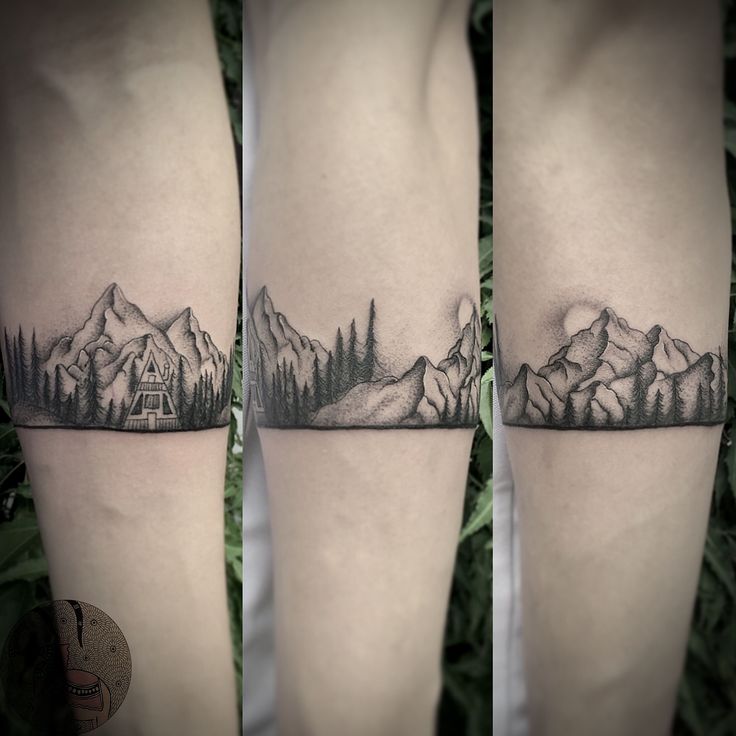 this is an image of a mountain landscape tattoo on the left leg and right leg