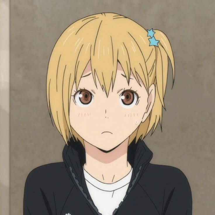 an anime character with blonde hair wearing a black jacket