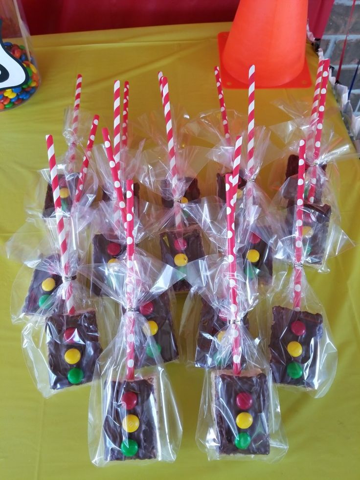 chocolate candies with candy canes in the shape of cars