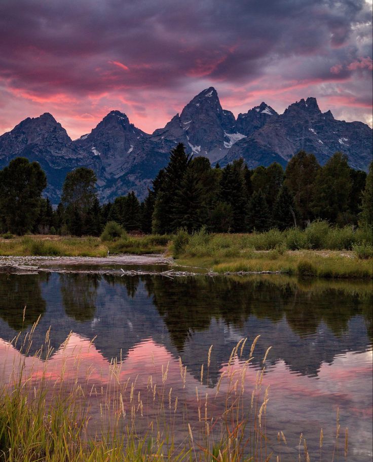 the mountains are reflected in the still water at sunset, with pink clouds and green grass