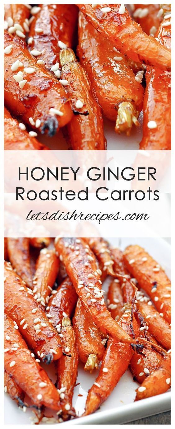 honey ginger roasted carrots on a white plate with sesame seeds in the background and text overlay that reads honey ginger roasted carrots