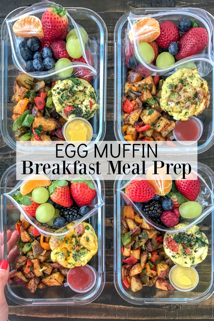 four plastic containers filled with breakfast meal preps and the words egg muffin breakfast meal prep