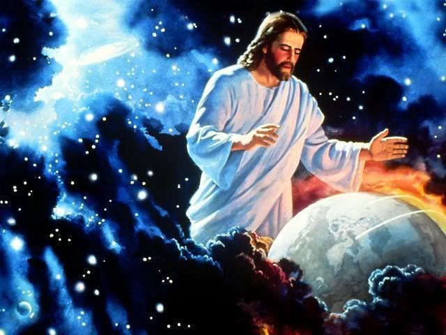 an image of jesus on the planet surrounded by clouds and stars, with text that reads o hao do dos so fotos