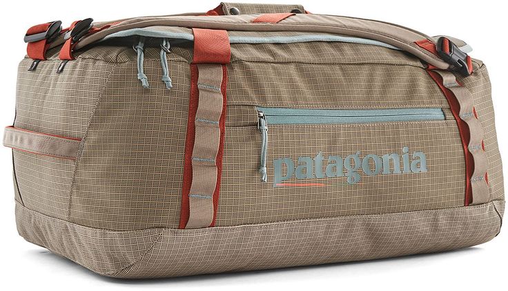 the patagonia duffel bag is brown and blue