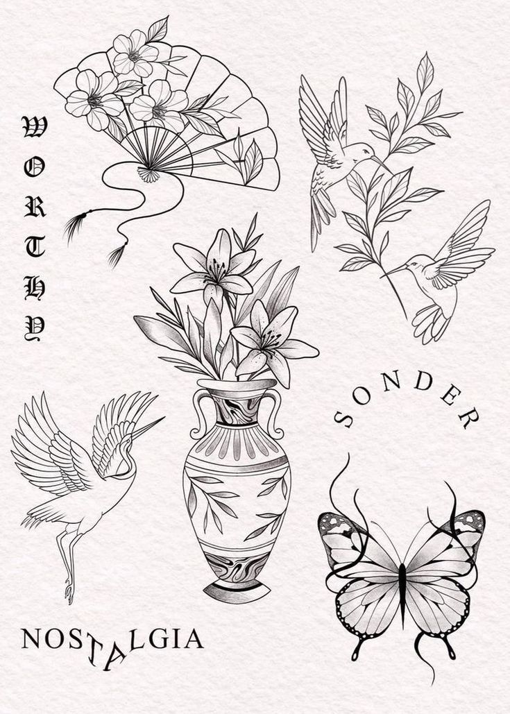 a drawing of flowers and butterflies in vases with the words nostalgia written below